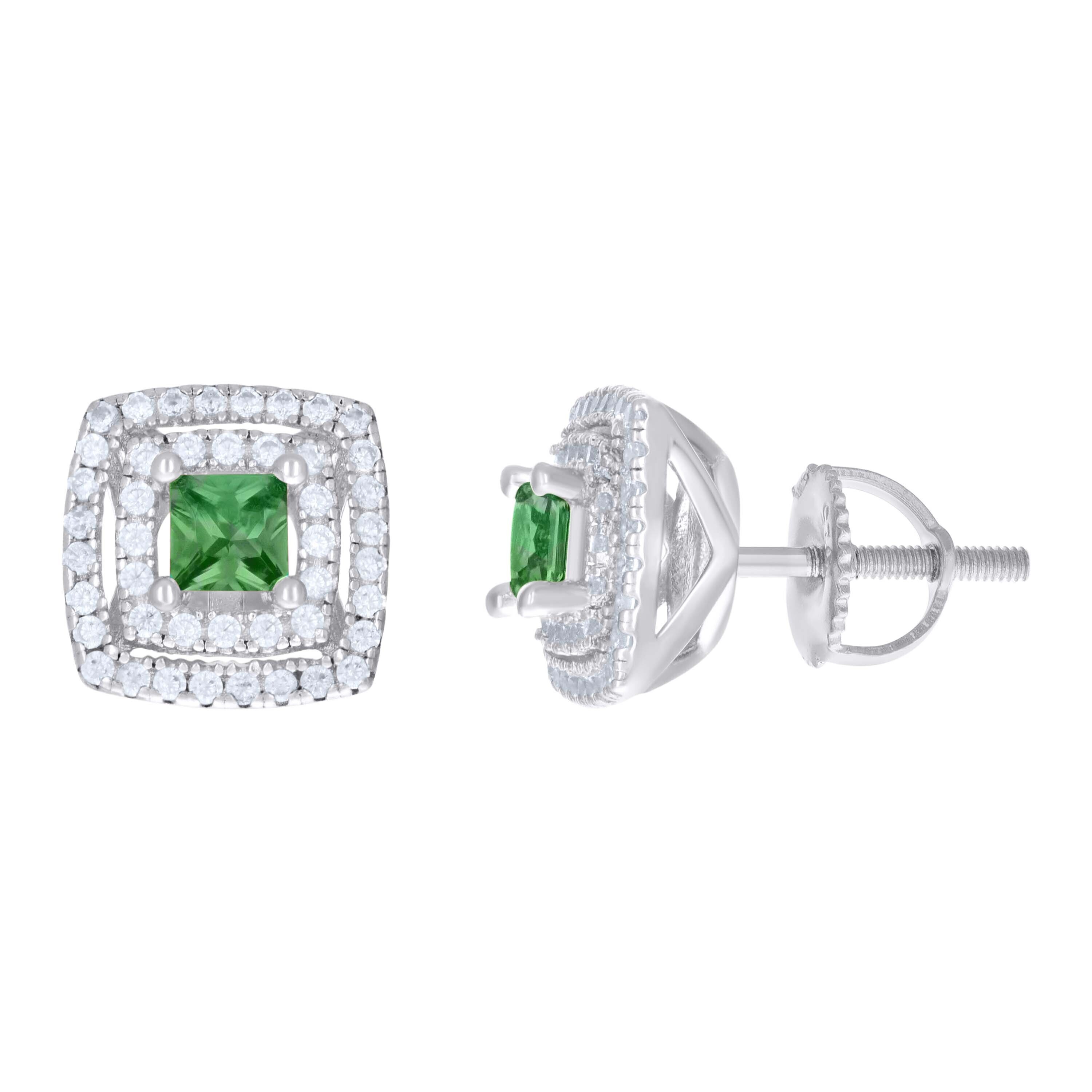 925 Sterling Silver Green White Princess Round Cubiczirconia Square Stud Earring